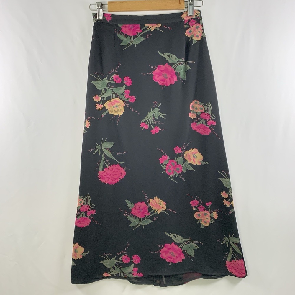 VTG 90s Dark Floral 100% Silk Chiffon Maxi Skirt Sz 6 Petite Romantic Garden